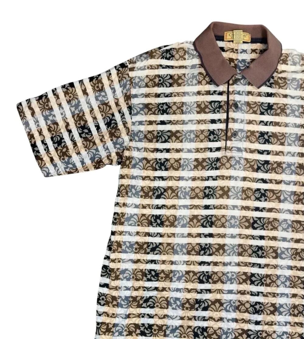 Floral Stripe Patterned Short Sleeve Polo Shirt Brown